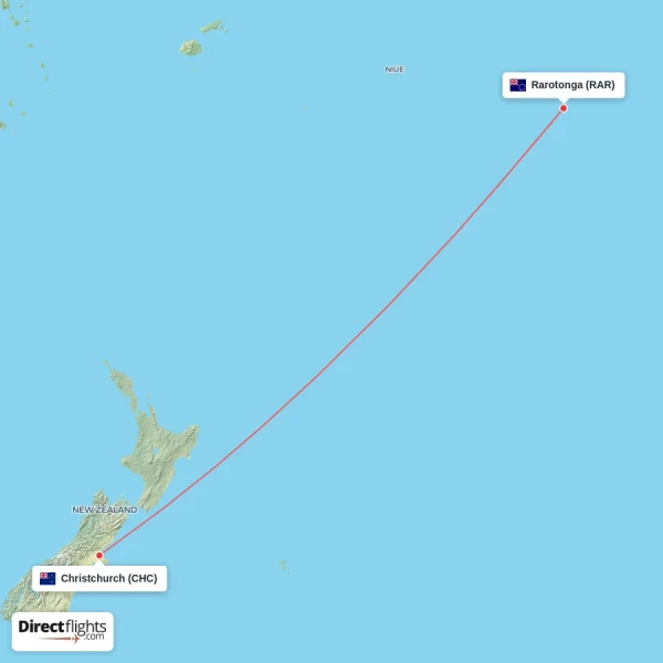 Rarotonga - Christchurch direct flight map