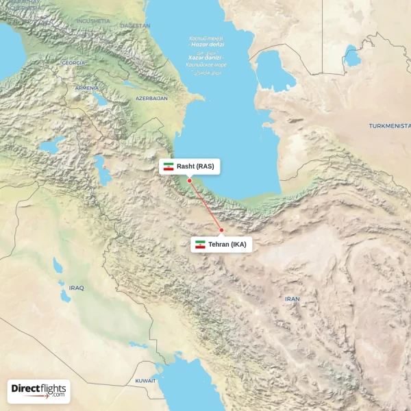 Rasht - Tehran direct flight map