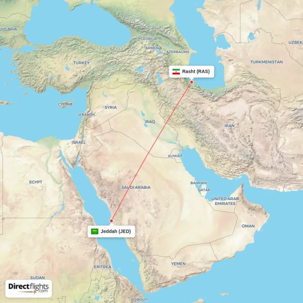 Rasht - Jeddah direct flight map