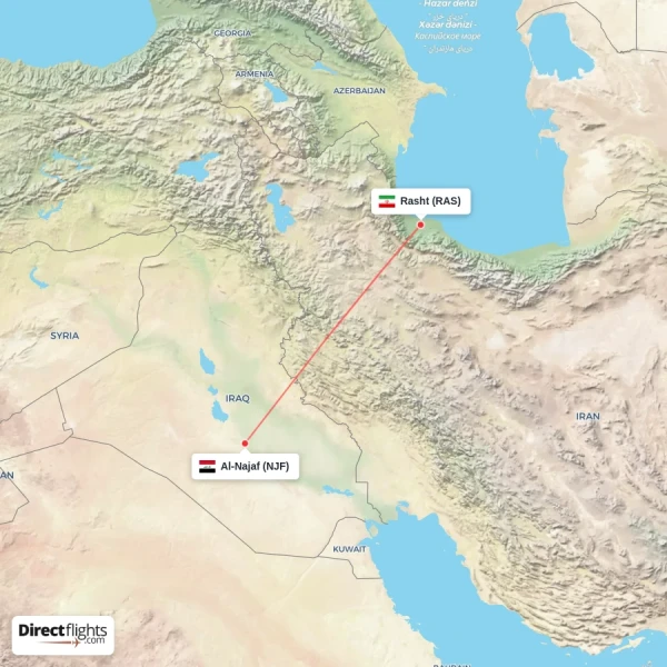 Rasht - Al-Najaf direct flight map