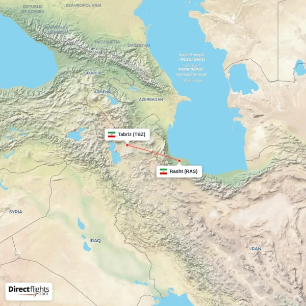 Rasht - Tabriz direct flight map