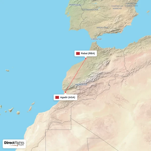 Rabat - Agadir direct flight map