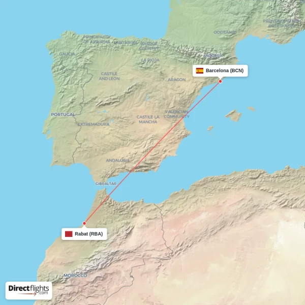 Rabat - Barcelona direct flight map