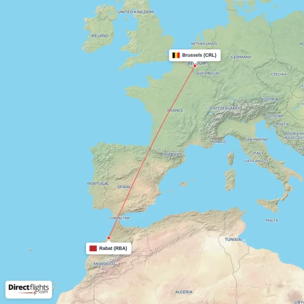Rabat - Brussels direct flight map