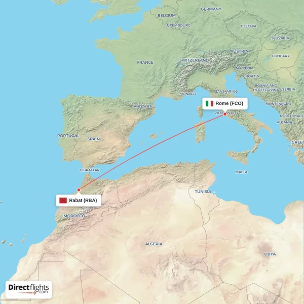 Rabat - Rome direct flight map