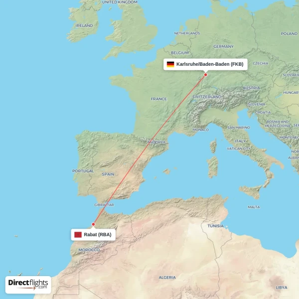 Rabat - Karlsruhe/Baden-Baden direct flight map