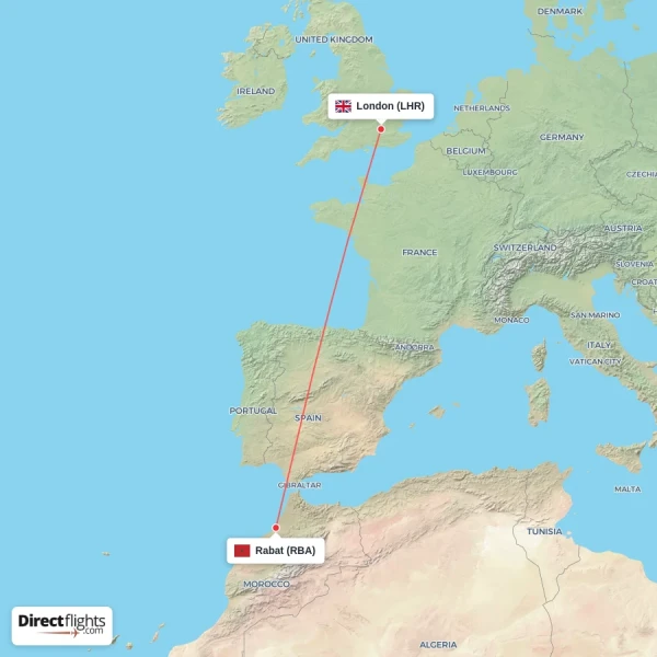 Rabat - London direct flight map