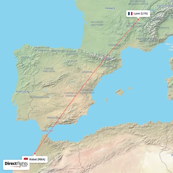 Rabat - Lyon direct flight map