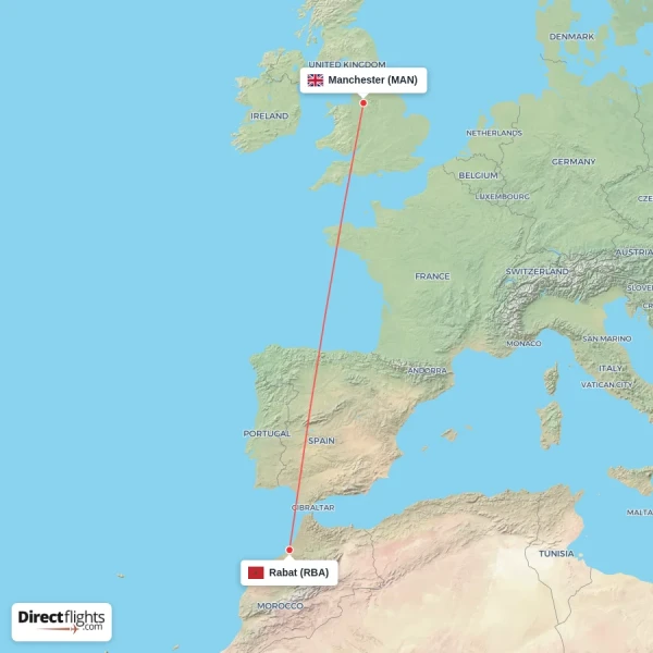 Rabat - Manchester direct flight map