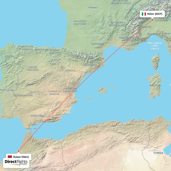 Rabat - Milan direct flight map