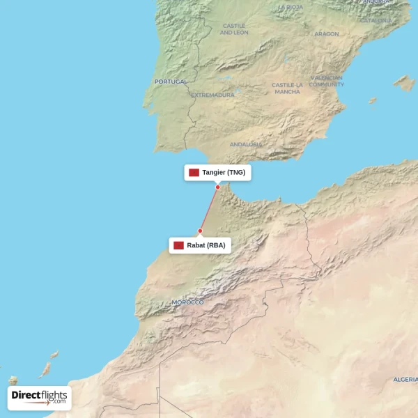 Rabat - Tangier direct flight map