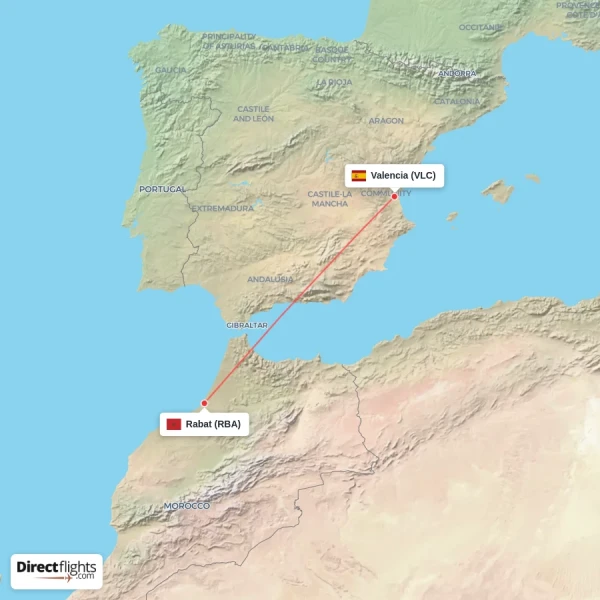 Rabat - Valencia direct flight map