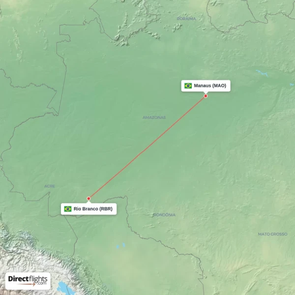 Rio Branco - Manaus direct flight map