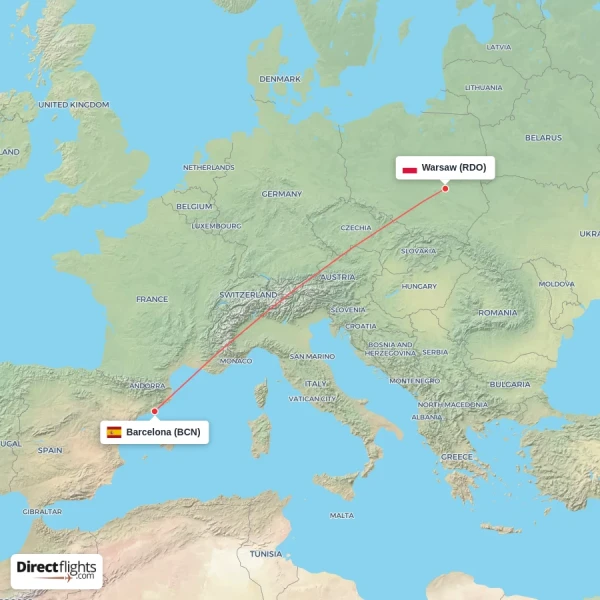 Warsaw - Barcelona direct flight map