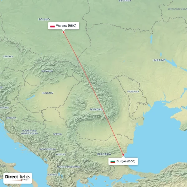 Warsaw - Burgas direct flight map