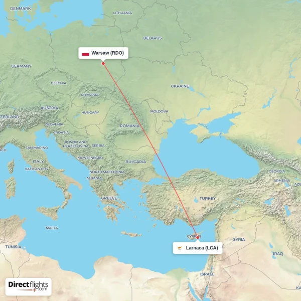 Warsaw - Larnaca direct flight map
