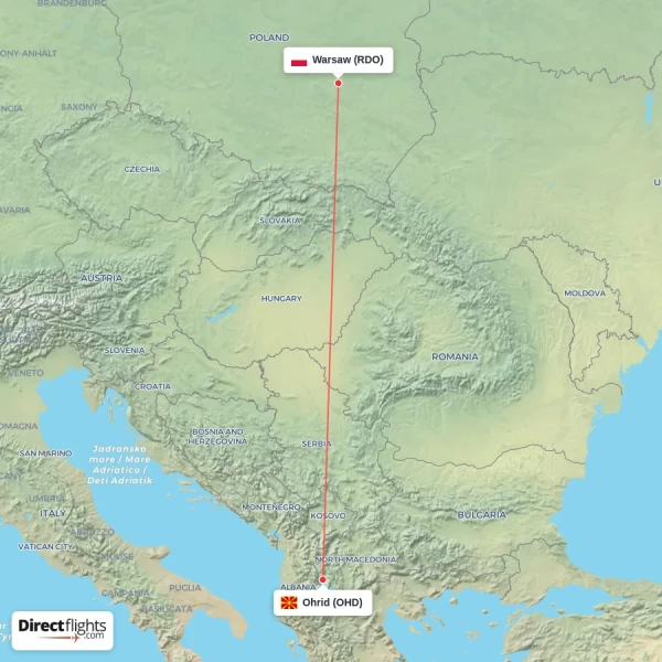 Warsaw - Ohrid direct flight map