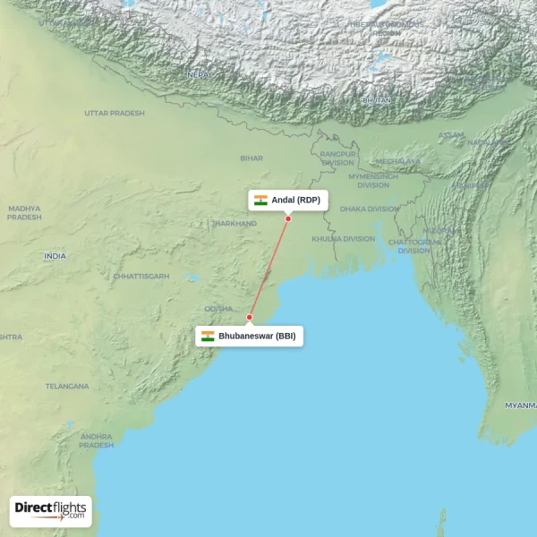 Andal - Bhubaneswar direct flight map