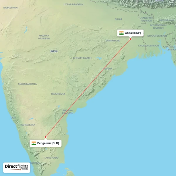 Andal - Bengaluru direct flight map