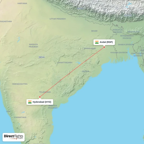 Andal - Hyderabad direct flight map