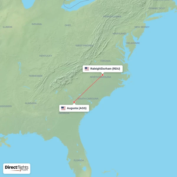 Raleigh/Durham - Augusta direct flight map