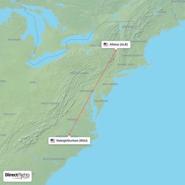 Raleigh/Durham - Albany direct flight map