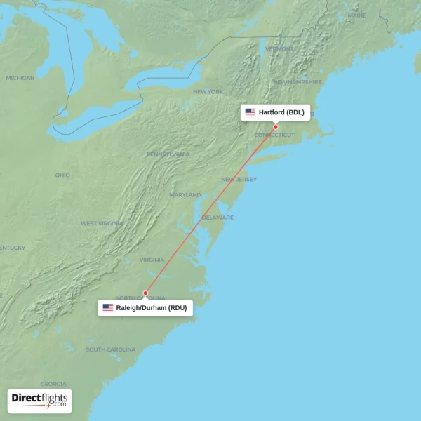 Raleigh/Durham - Hartford direct flight map