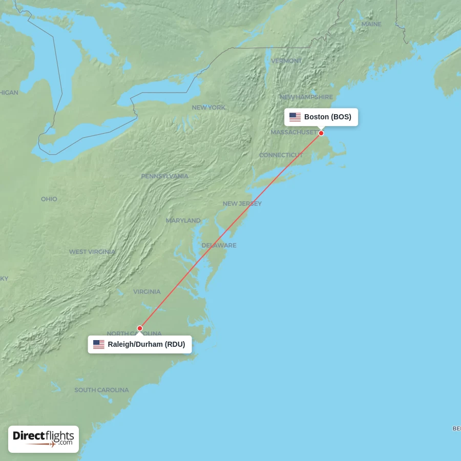 RDU - BOS route map