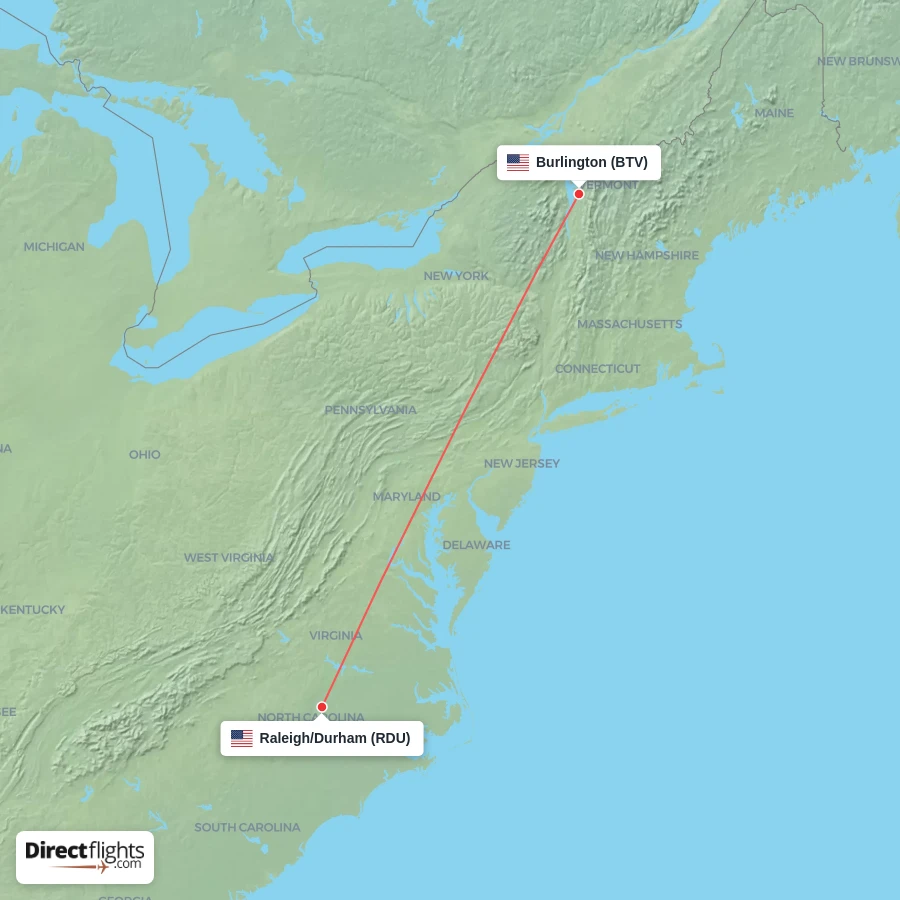RDU - BTV route map