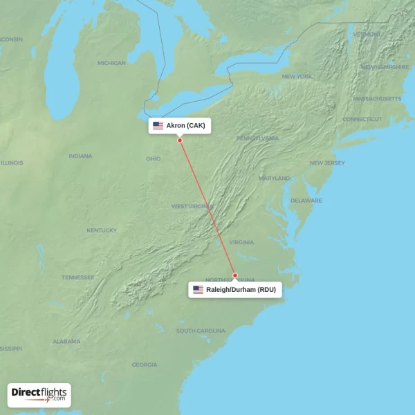 Raleigh/Durham - Akron direct flight map