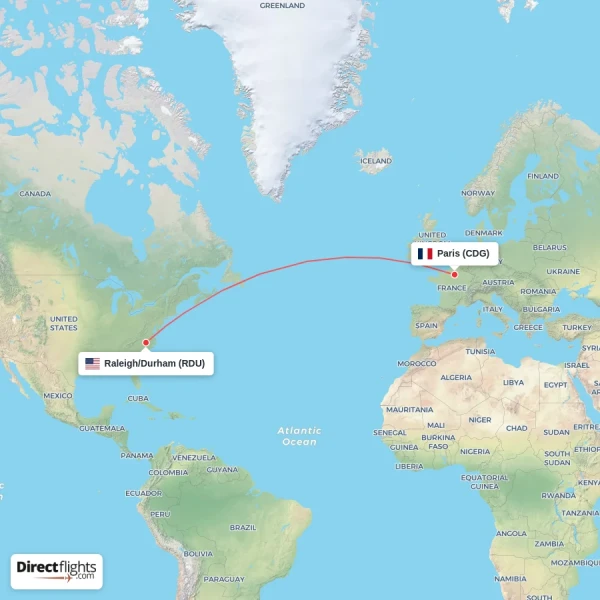 Raleigh/Durham - Paris direct flight map