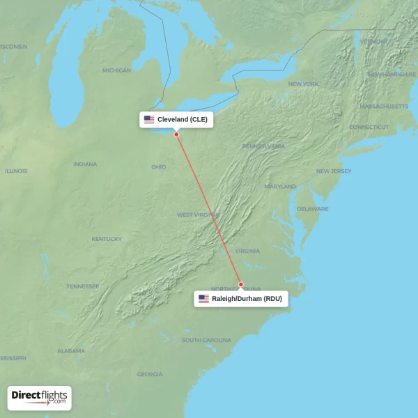 Raleigh/Durham - Cleveland direct flight map