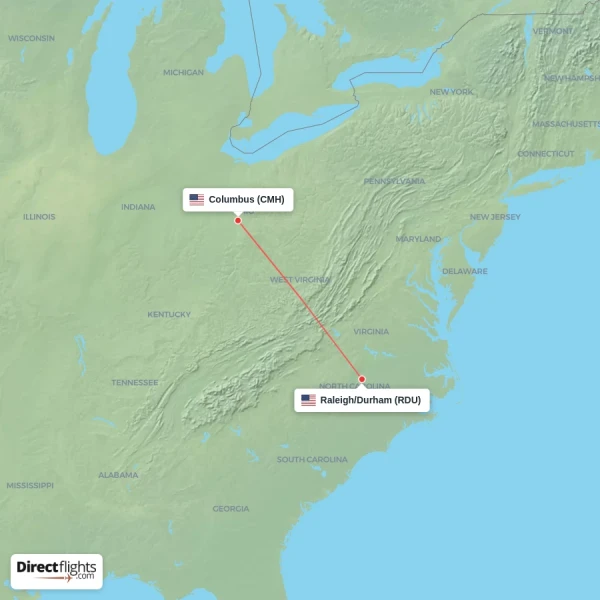 Raleigh/Durham - Columbus direct flight map