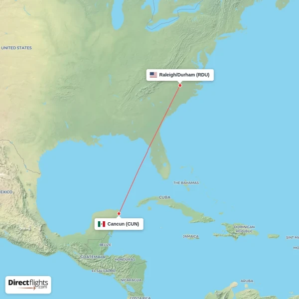 Raleigh/Durham - Cancun direct flight map