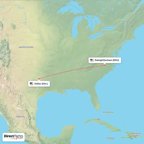 Raleigh/Durham - Dallas direct flight map