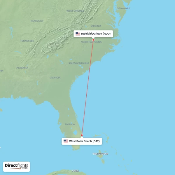 Raleigh/Durham - West Palm Beach direct flight map
