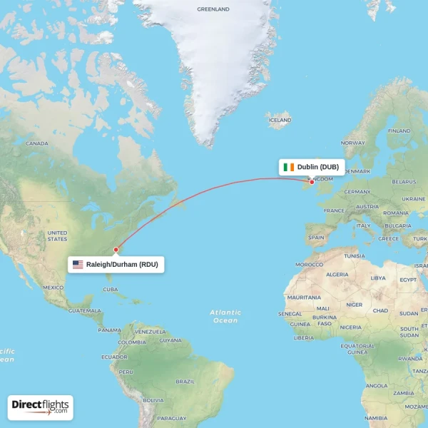 Raleigh/Durham - Dublin direct flight map