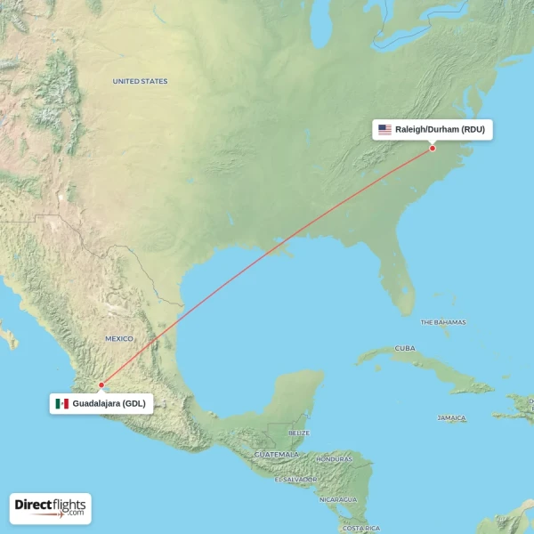 Raleigh/Durham - Guadalajara direct flight map