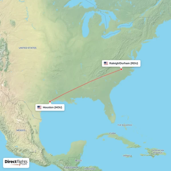 Raleigh/Durham - Houston direct flight map