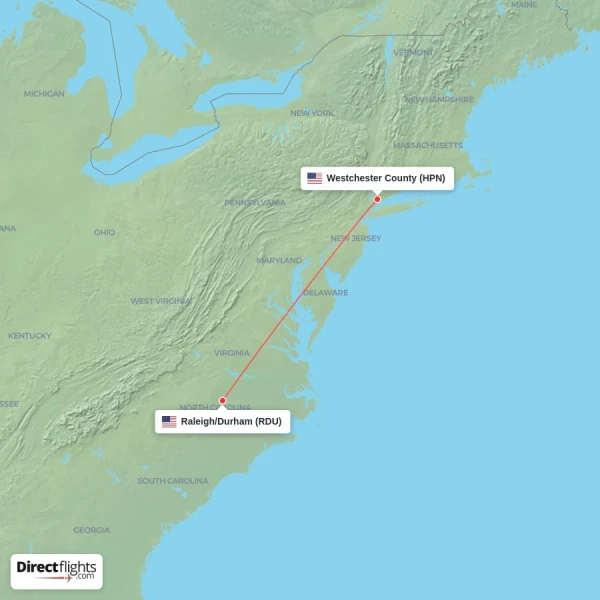 Raleigh/Durham - Westchester County direct flight map