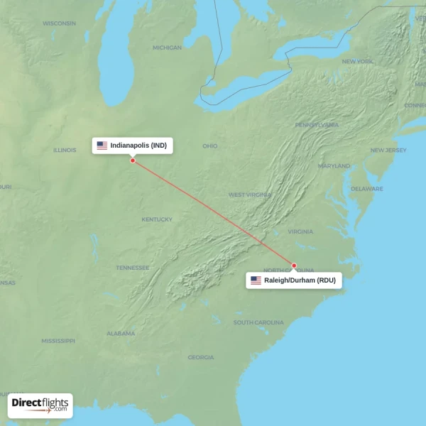 Raleigh/Durham - Indianapolis direct flight map