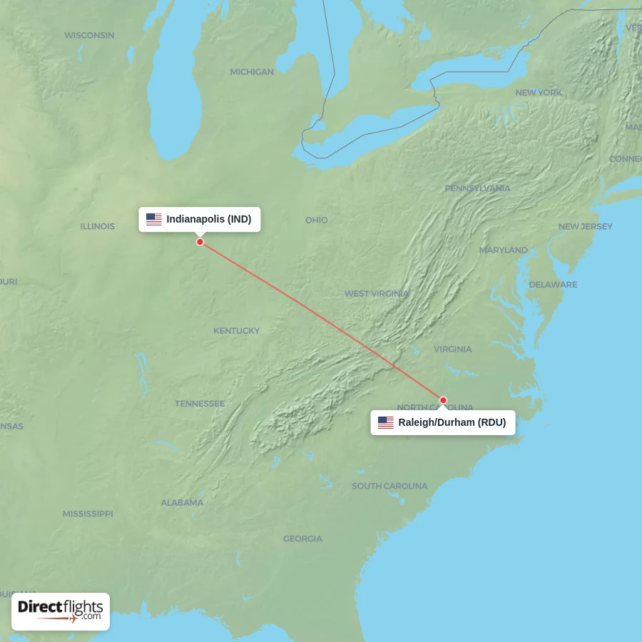 RDU - IND route map