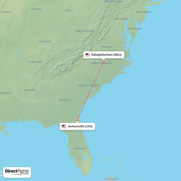 Raleigh/Durham - Jacksonville direct flight map