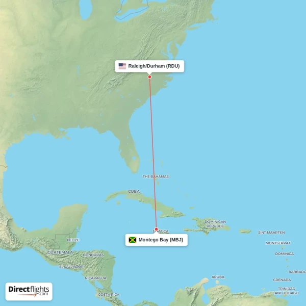 Raleigh/Durham - Montego Bay direct flight map