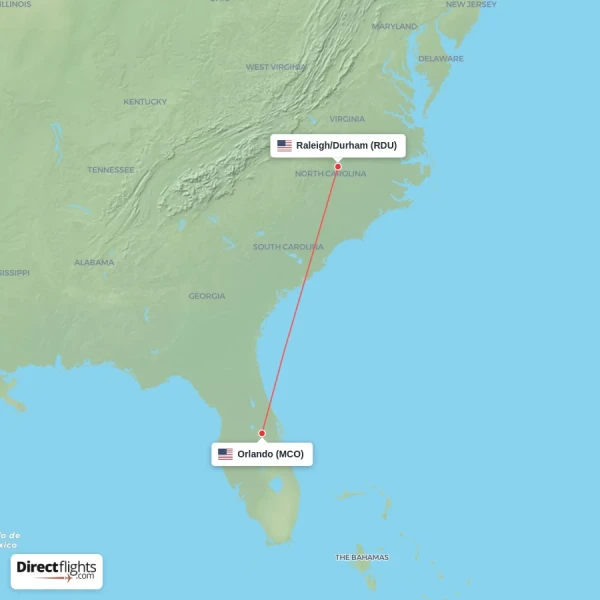 Raleigh/Durham - Orlando direct flight map