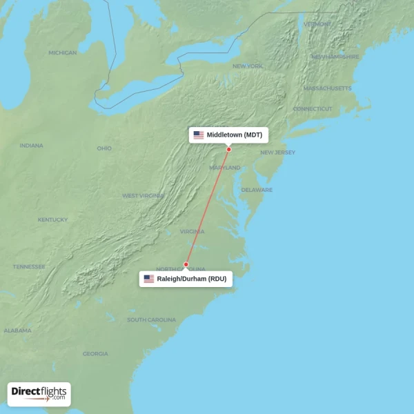 Raleigh/Durham - Middletown direct flight map