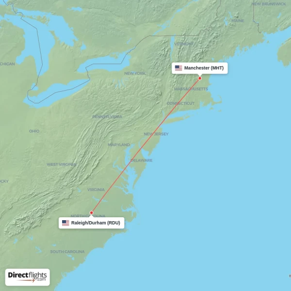 Raleigh/Durham - Manchester direct flight map