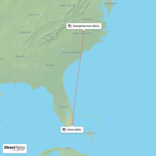 Raleigh/Durham - Miami direct flight map