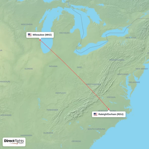 Raleigh/Durham - Milwaukee direct flight map