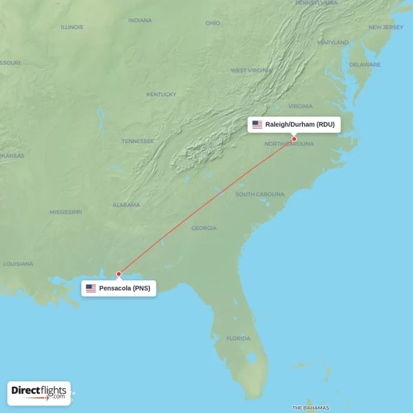 Raleigh/Durham - Pensacola direct flight map